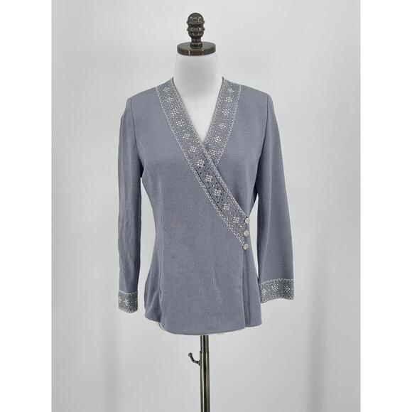 St. John Evening Blue Knit Rhinestone Pearl Detail Wrap Cardigan Sweater Sz 4